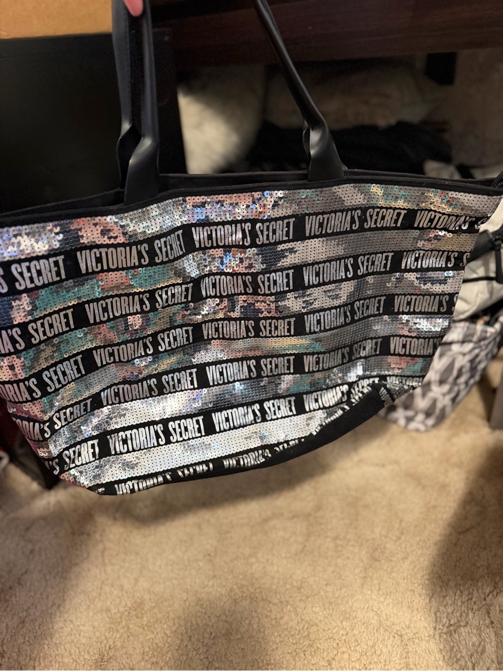 Victoria's Secret Black Sequin Logo Stripe Tote